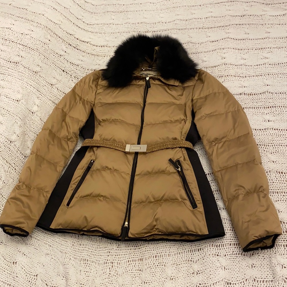 Burberry Tan Quilted Puffer Jacket with Black Fur Collar